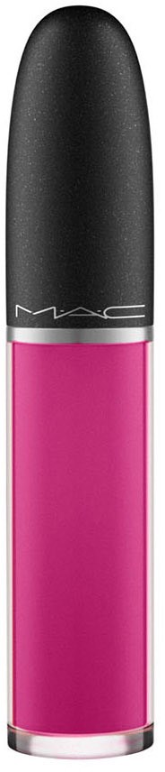 En rosa flytande läppstiftrör med svart lock, märkt MAC. Kompakt och slank design.