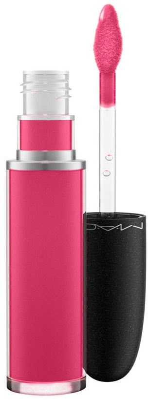 Läppglans i rosa med applicatorborste, svart kapsel och genomskinlig behållare som visar den rosa färgen.