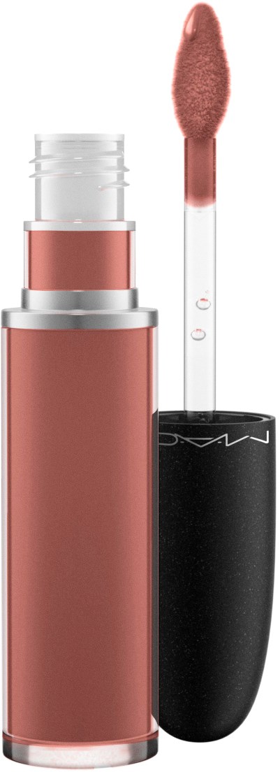 Liquid lipstick in a clear tube with black cap, applicator with pinkish color on it.