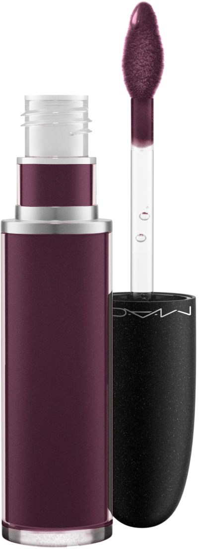 En lila flytande läppstift i ett genomskinligt rör med svart lock och applikatorstav.