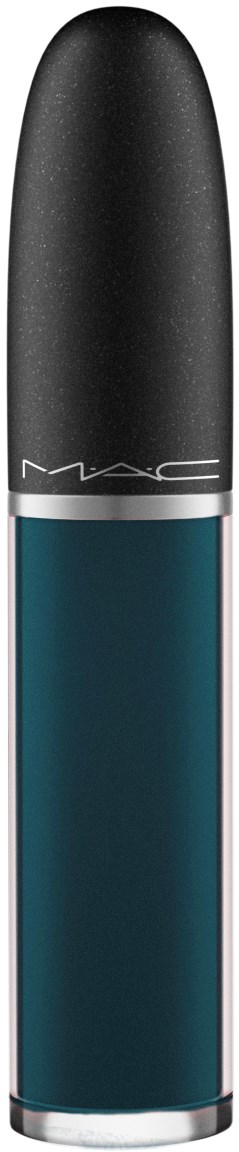 En MAC läppstift med svart lock och blå kropp, enkel och elegant design.