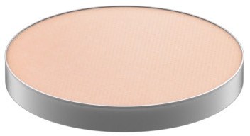 A round, flat makeup powder with a silver edge and powder inside, used for face beauty.