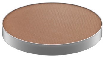 A round makeup powder case with a brown powder inside and a silver lid.