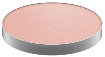 A round makeup blush compact with soft pink color and silver edge.