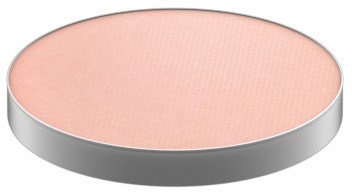 A round, flat, pink makeup blush with a silver rim.