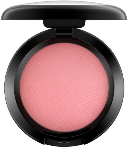 Een ronde make-up blush in een zwart compact met roze tint.
