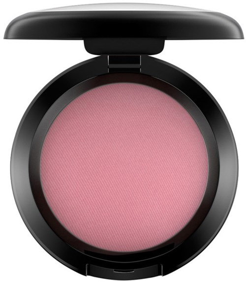 En rund rosa blush i ett svart kompakt med lock.