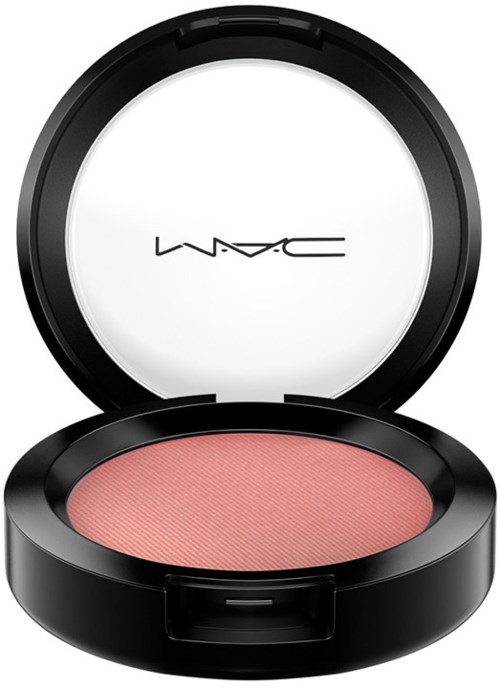 A black makeup compact open, with pink blush inside and MAC logo on the mirror.