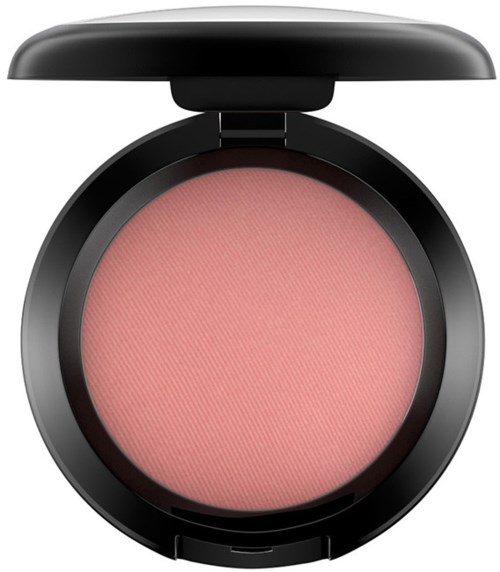 A round makeup blush with a black lid, pink color, inside a black container.