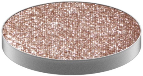 A round, flat palette with a shiny, glittery, rose gold surface and silver edges.