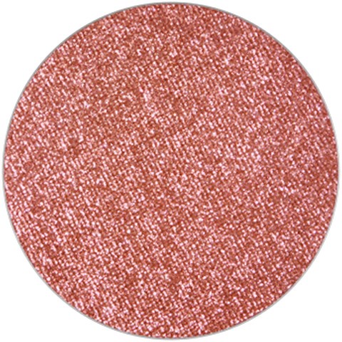 A round eyeshadow pan filled with shimmery pinkish-orange powder.