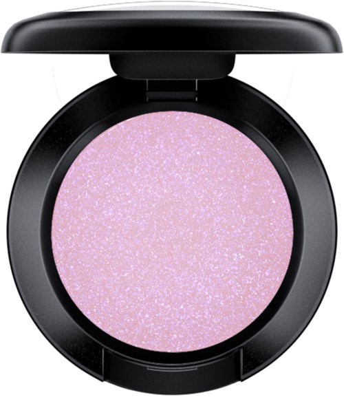 A round, purple, glittery makeup eyeshadow in a black compact case with a lid.
