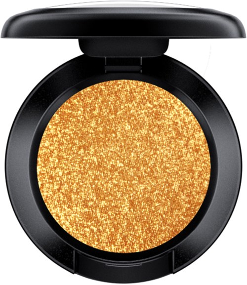 A compact makeup mirror with a sparkling golden eyeshadow inside. The mirror cover is open showing the product.