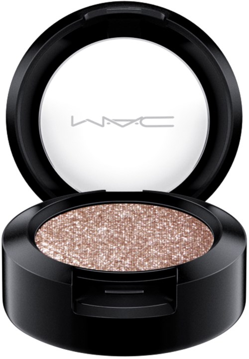 A round makeup compact with a shiny, sparkling eye shadow inside and the MAC logo on the lid.