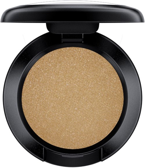 A round makeup compact with a beige, shimmery powder inside and a black lid open.