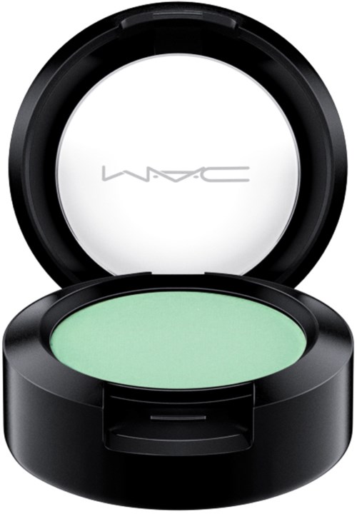 A green eyeshadow in a black round compact with a clear lid and MAC logo inside.