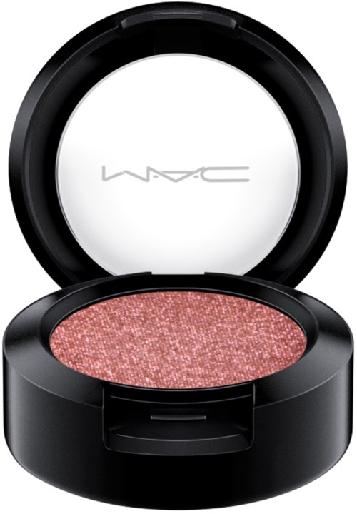 A makeup compact with pinkish shimmer eyeshadow and a shiny black case. The lid has the MAC logo.