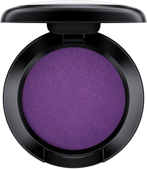 A round purple eyeshadow in a black compact with a lid, shiny surface, and sparkles. Includes a reflective open lid.