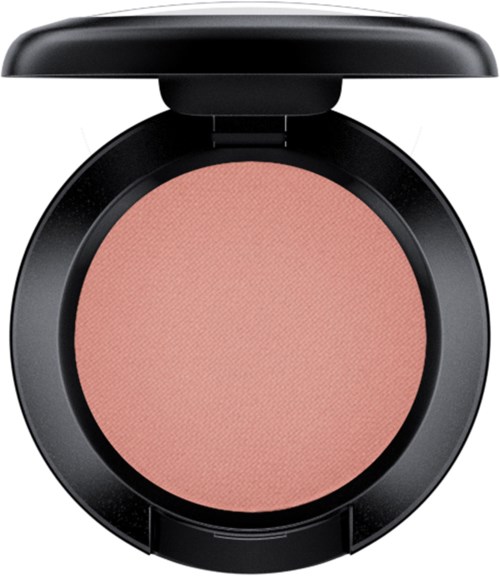 A round blush in a black compact with a lid. The blush is pink and matte.