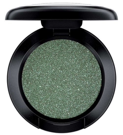 A round, sparkly green eyeshadow in a black compact with a lid. The eyeshadow has a glittery surface.