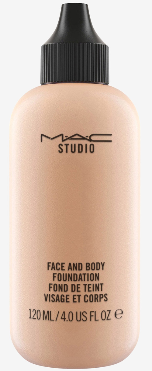 Beigen sävyinen meikkivoidepullo, merkki MAC Studio Face and Body Foundation, tilavuus 120 ml.