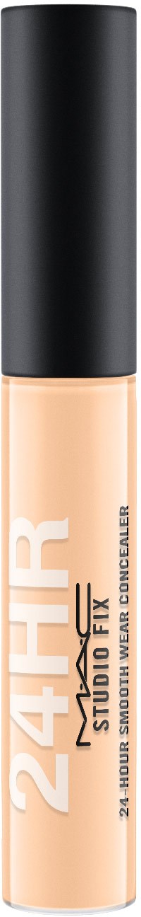 En beige concealerflaska med svart lock, märkt "24H HR Studio Fix" för makeup.
