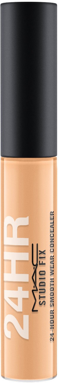 En beige flytande concealer i ett litet rör med svart lock, märkt "24H Studio Fix" av MAC.