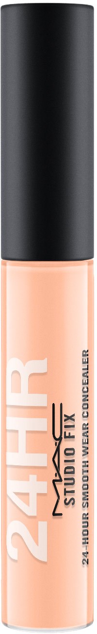 Läppglansetub med svart lock och rosa-beige vätska inuti. Texten säger '24HR', 'STUDIO FIX' och '24 HOUR STICK FOR BOMBSHELL'.