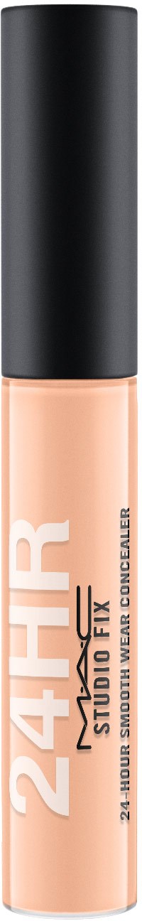 Ett rör med concealer med svart lock och beige vätska inuti, märkt "24HR" och "Studio FX."