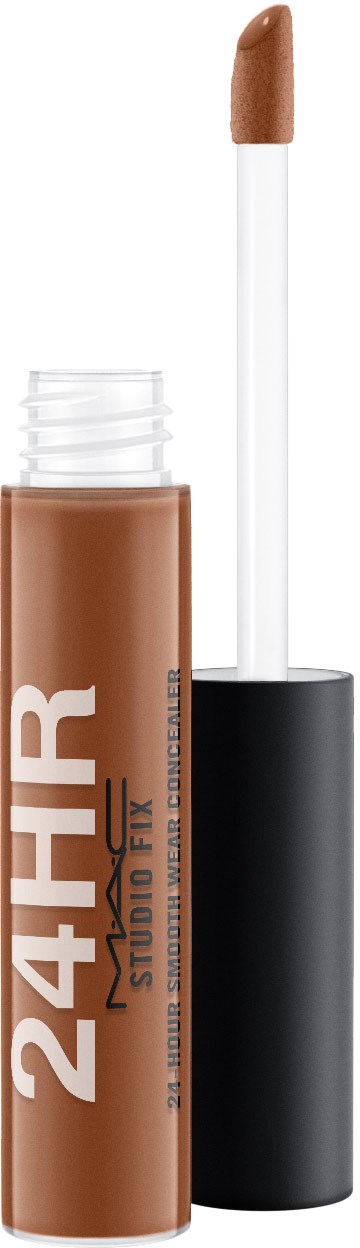 A liquid lipstick container with a beige shade, black cap, and brush applicator. The text '24HR' is visible on the container.