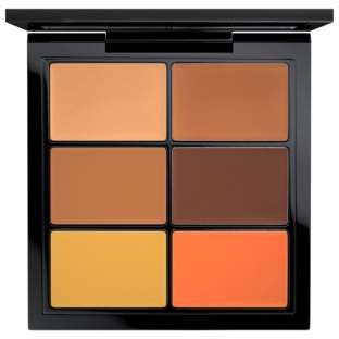 En makeup-palett med sex nyanser från beige till orange, organiserad i två kolumner och tre rader.