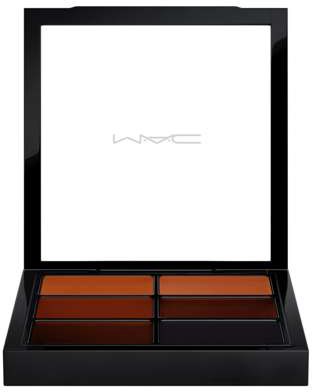 A black makeup palette with six shades of brown and red lipstick inside.