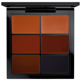 A makeup palette with six shades, from light to dark, in a black case with a mirror.