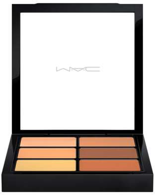 A makeup palette with six shades from light to dark, in a black case with a mirror. MAC logo on the mirror.