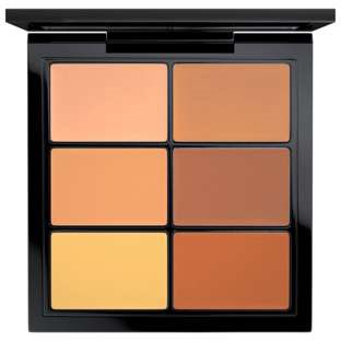 A compact makeup palette with six shades, ranging from light to darker browns, arranged in two columns.
