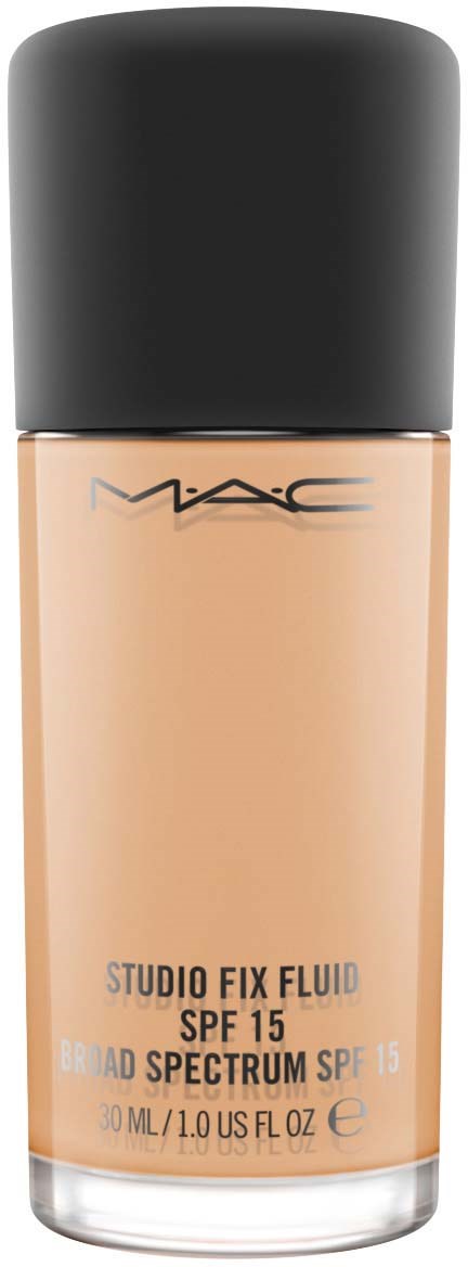 En beige foundationflaska med svart lock, märkt MAC Studio Fix Fluid SPF 15, bredspektrum solskydd, 30 ml.