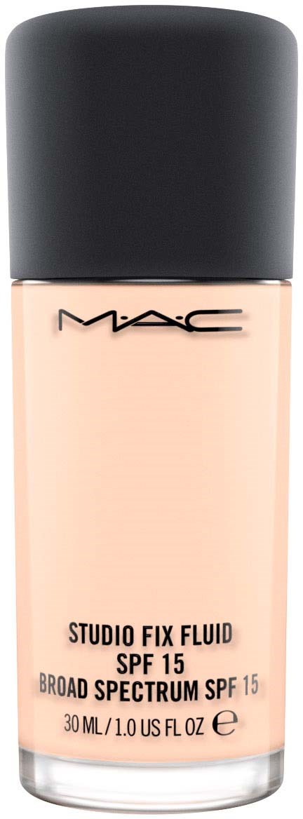MAC Studio Fix Fluid flaska med svart lock, beige vätska, SPF 15, 30 ml, på vit bakgrund.