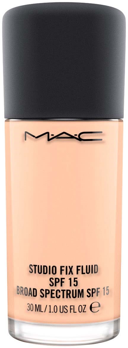En flaska av MAC Studio Fix Fluid foundation med SPF 15 och brett spektrumskydd.