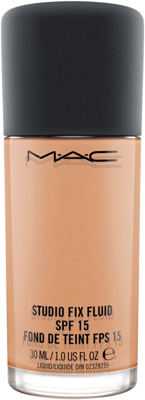 En flaska MAC Studio Fix Fluid foundation med SPF 15, ljus beige färg och svart lock.