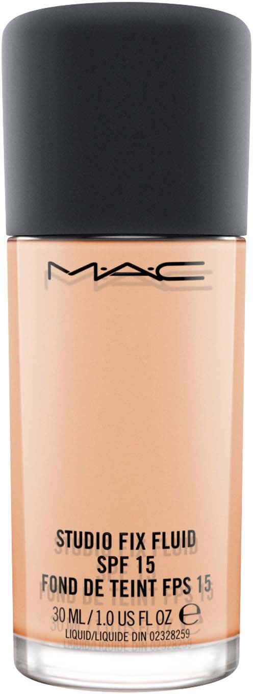 En flaska MAC Studio Fix Fluid foundation med SPF 15, 30 ml, beiget färg, svart lock.