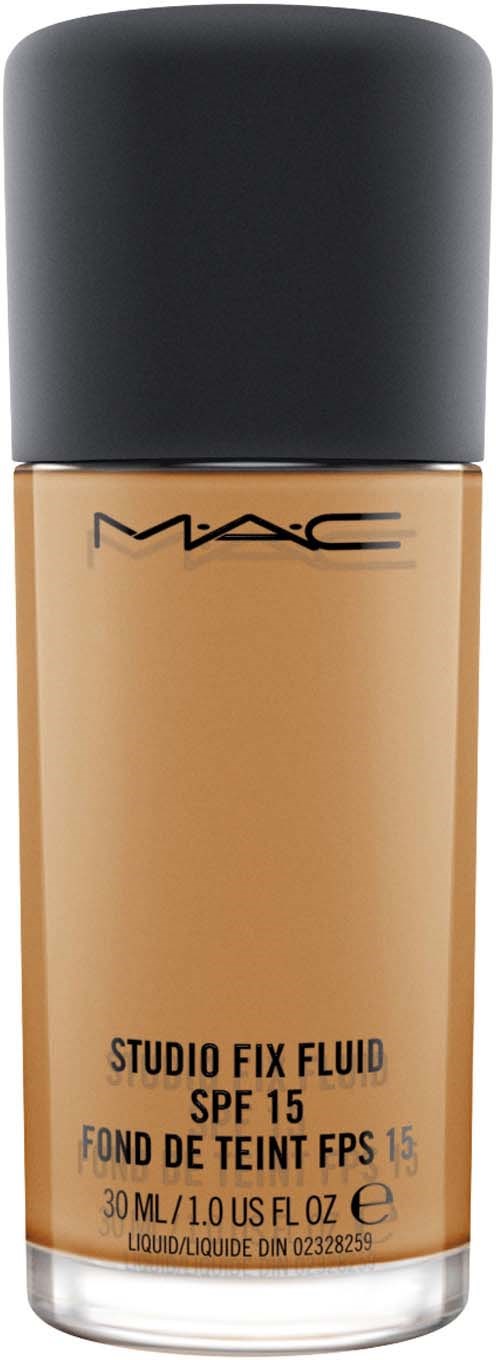 En flaska MAC Studio Fix Fluid foundation med SPF 15, i en beige flytande form, med svart lock.
