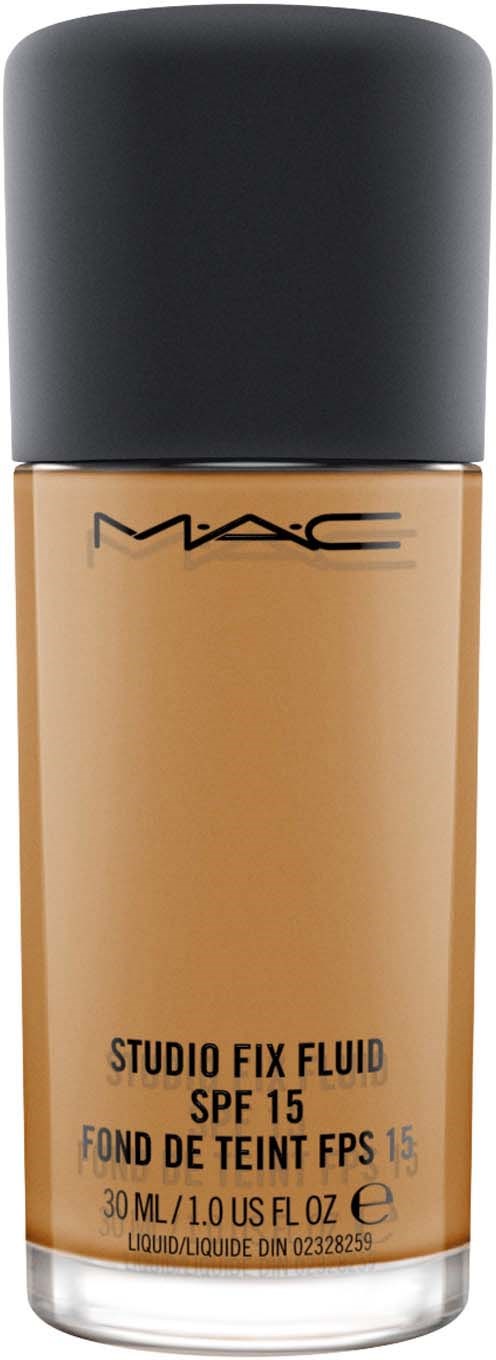 En flaska MAC Studio Fix Fluid foundation med SPF 15, 30 ml, beige färg, svart lock.