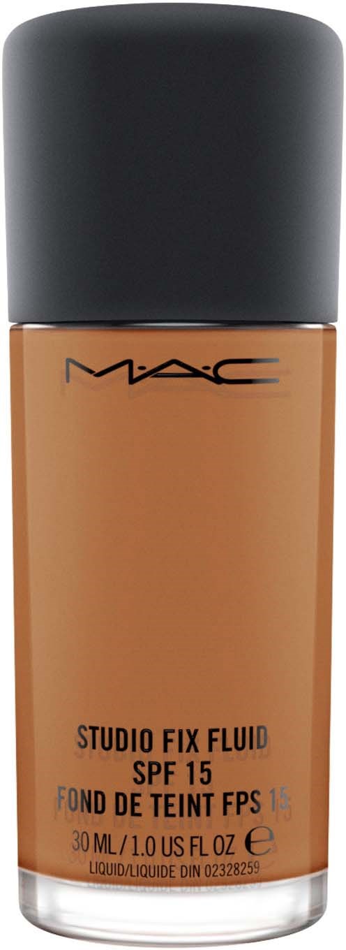 En flaska MAC studio fix fluid foundation med solskyddsfaktor 15 i beige färg, svart lock, märket på flaskan.