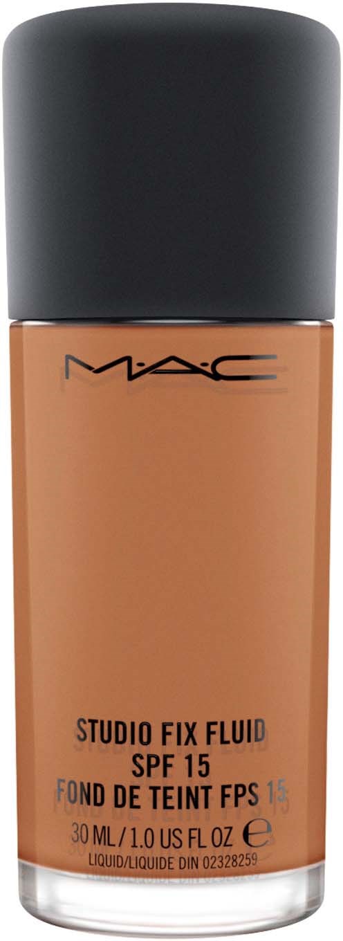 En flaska av MAC flytande foundation med SPF 15, brunt färg och svart lock.