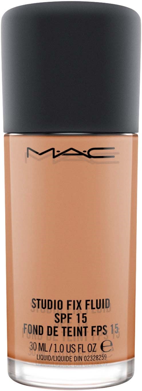 En flaska MAC Studio Fix Fluid Foundation med SPF 15, i beige färg, med svart lock.