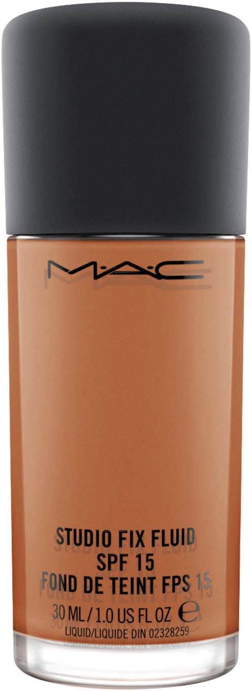 En flaska MAC Studio Fix Fluid med SPF 15, i beige vätska, svart lock, och klar etikett.