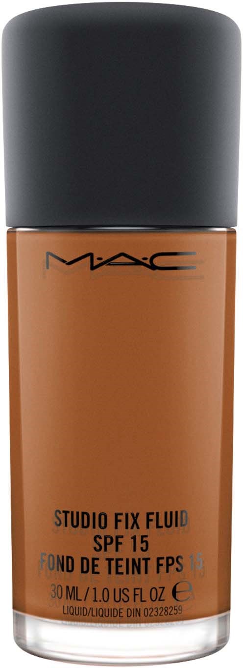 En flaska med MAC Studio Fix Fluid foundation med SPF 15, 30 ml, brunt, svart lock.