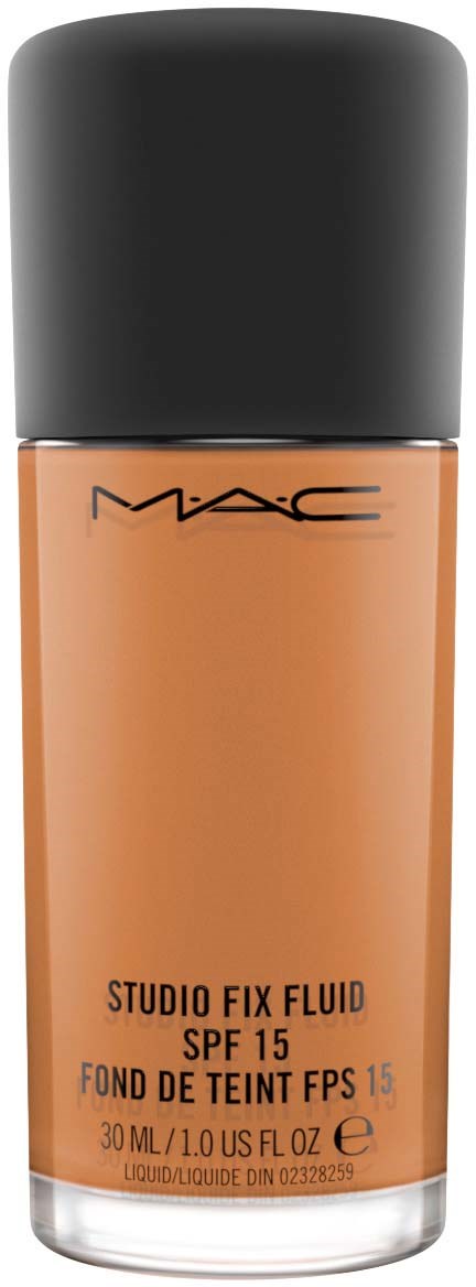 En flaska MAC Studio Fix Fluid foundation med SPF 15, 30ml, i beige färg med svart lock.