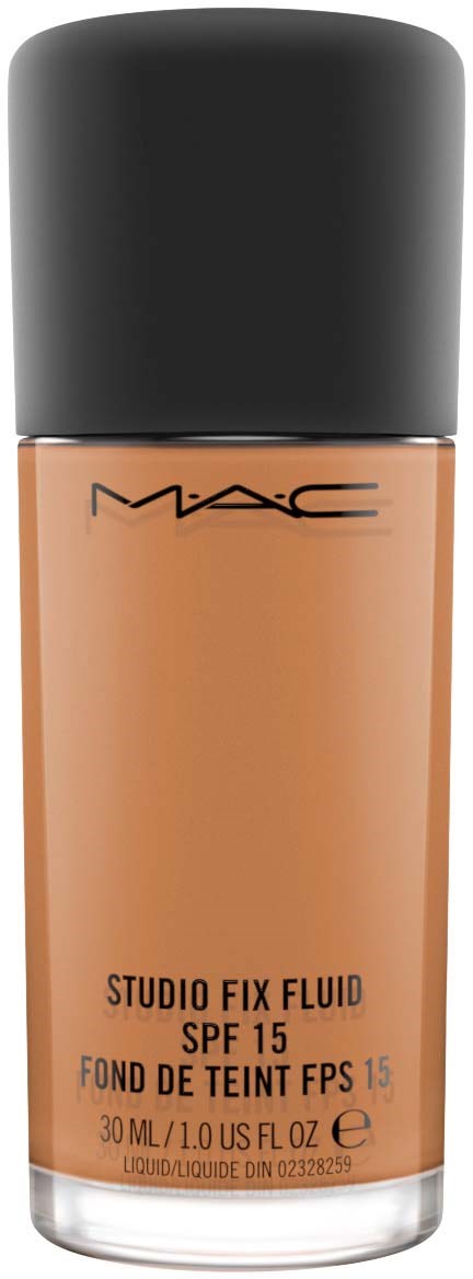 Foundationflaska med svart lock, märkt MAC Studio Fix Fluid, SPF 15, i beige nyans.