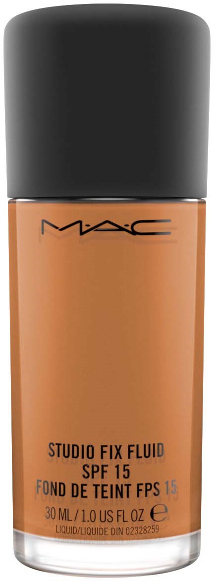 Flytande foundationflaska med SPF 15, MAC-märke, i brunt, med svart lock.